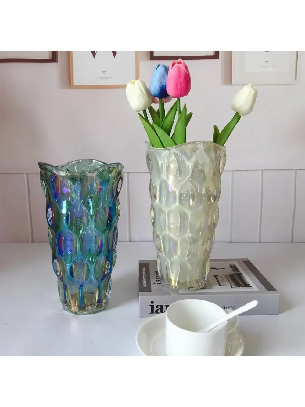 9.5 Inch Sparkle Cream Heavy Glass Flower Vase Bohemian Style Perfect Home Deco